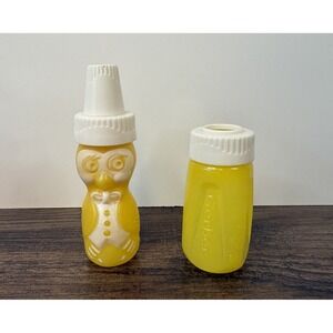 Vintage Lot Of 2 Gerber Plastic Baby Bottle Set Yellow Owl One Lid